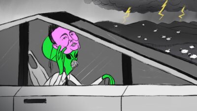 Illustration: a green alien wearing a purple Elon Musk mask is driving a Tesla cybertruck, in the background are sheep and a thunderstorm.