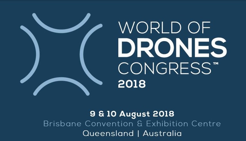 Blue and white banner advertising the World of Drones Congress 2018