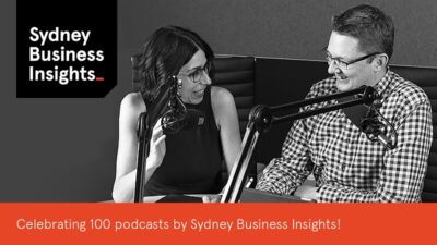 Image showing Sandra Peter and Kai Riemer on their The Future This Week podcast - celebrating 100 podcasts by Sydney Business Insights