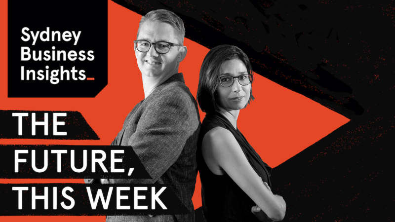 The Future, This Week | Sydney Business Insights. Black and white photo of two people standing back to back with a black and orange background