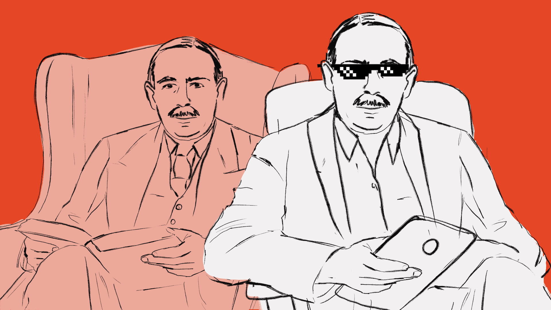 Hand drawn illustration of John Maynard Keynes with sunglasses and a tablet