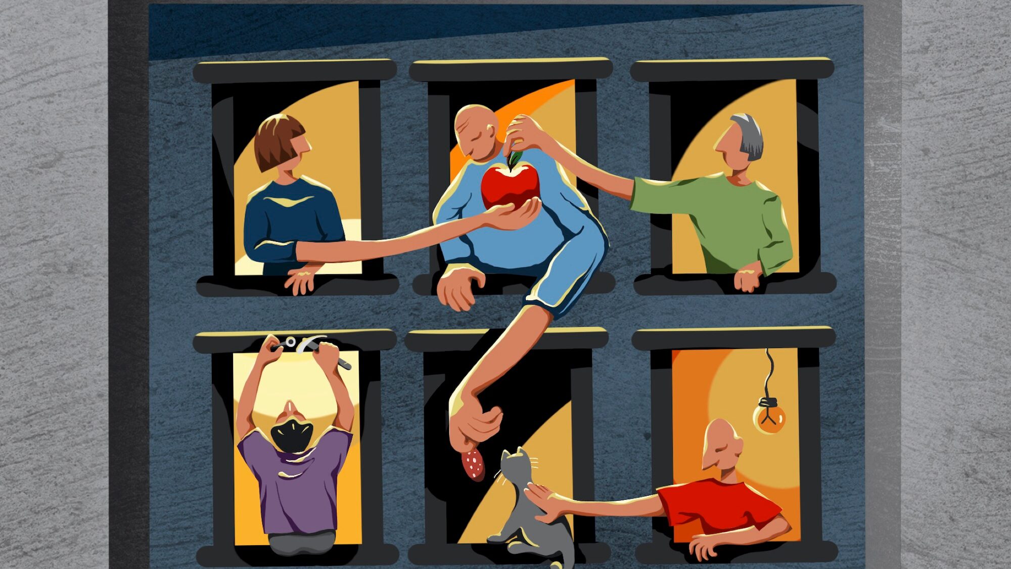 Illustration of people interacting between apartment building windows