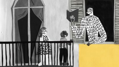 Illustration showing neighbours on balconies and at windows reading to each other