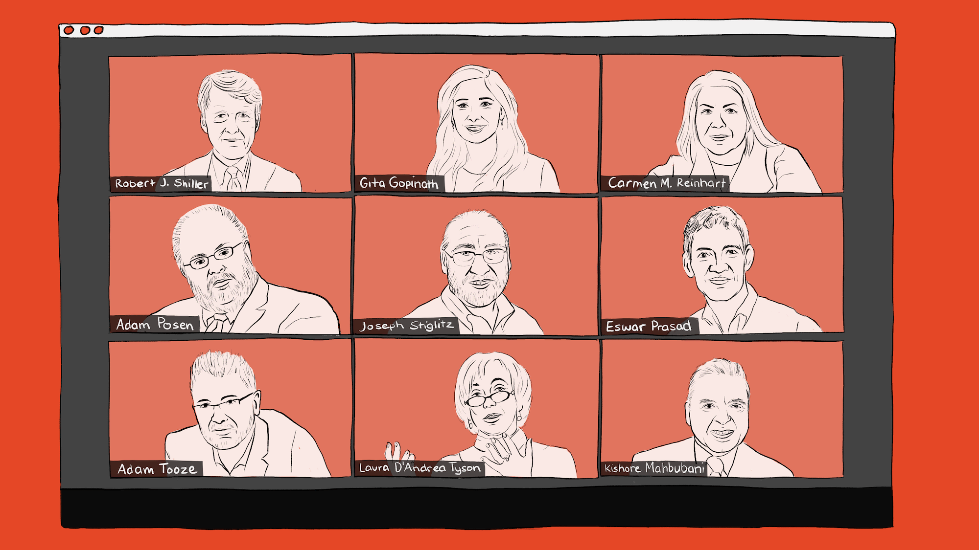 Illustration of a Zoom call with hand drawn profiles of each author