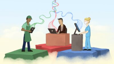 Illustration of three people on separate platforms using technology. L to R: grocery worker, office worker, healthcare worker