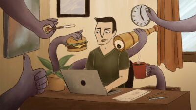Illustration of a person sitting at a desk using a laptop. Hands are reaching from around the room holding items including a thermometer, burger, clock, spyglass.