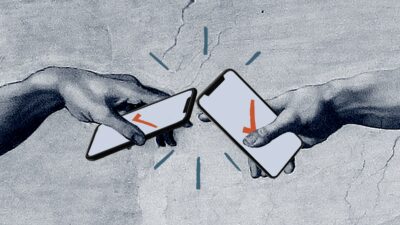 Illustration of hands from Sistine Chapel ceiling holding smartphones with orange ticks on the screen